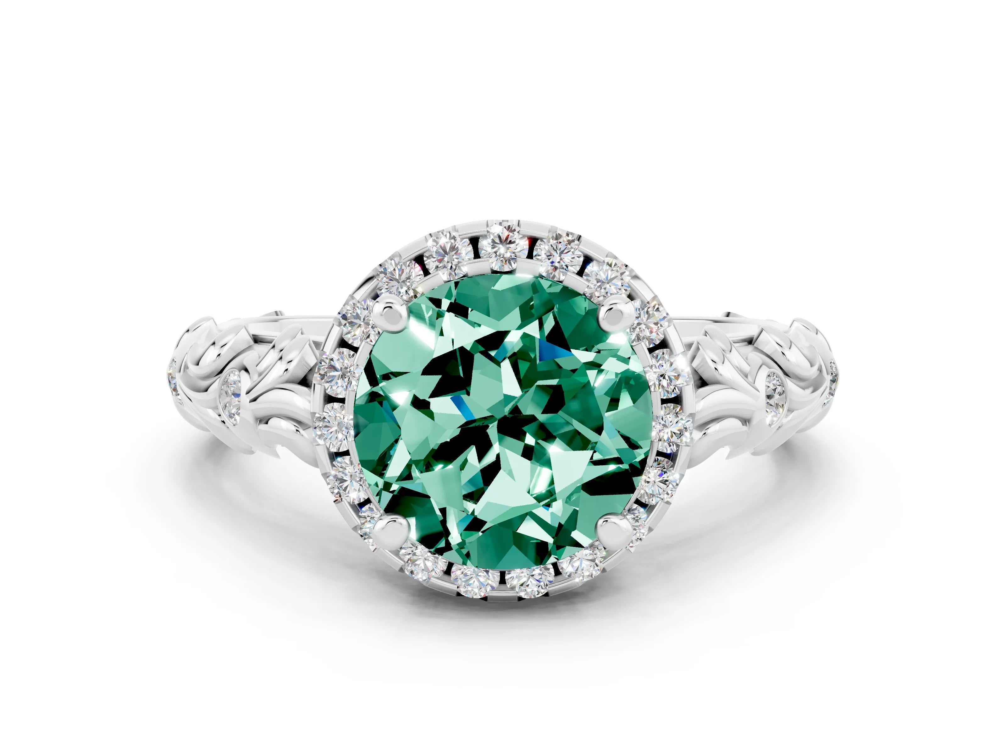 White gold Round Cut Halo Diamond Solitaire with Filigree Band and Four-Prong Setting