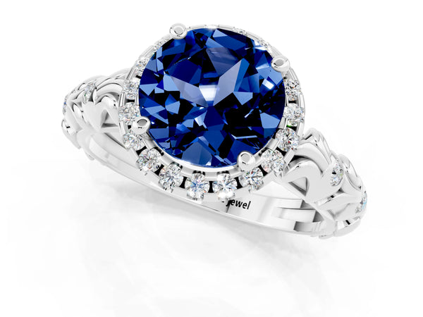 Silver Round Cut Blue Sapphire Halo Ring with Filigree Band and Prong Setting