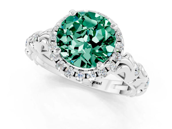 Platinum Round Cut Green Sapphire Halo Ring with Filigree Band and Prong Setting