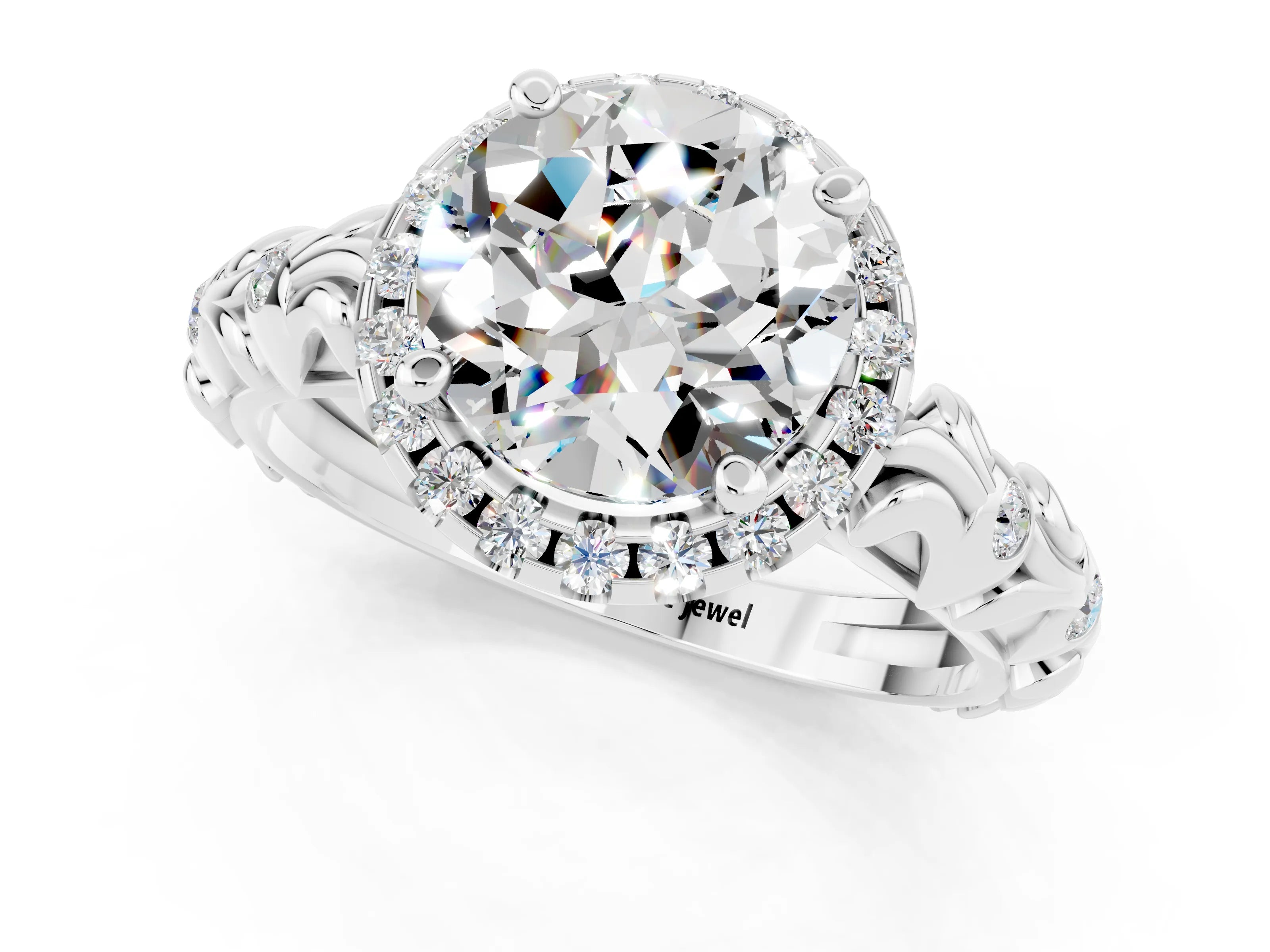 White gold Round Cut Halo Diamond Solitaire with Filigree Band and Four-Prong Setting_1