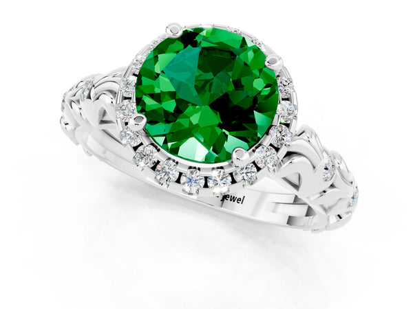 White gold Round Cut Emerald Halo Ring with Filigree Band and Prong Setting