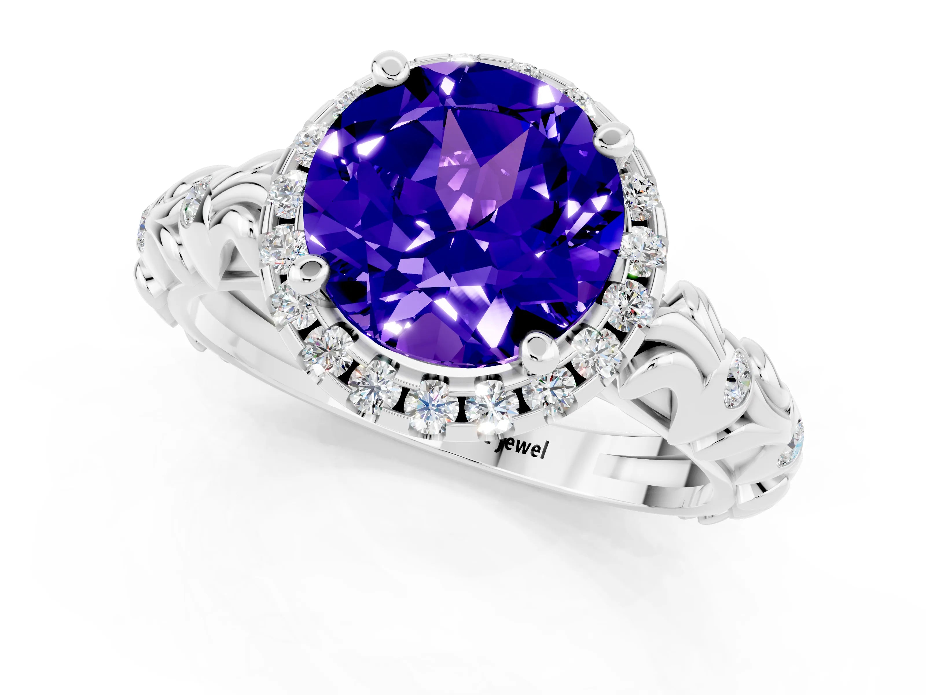 White gold Round Cut Halo Diamond Solitaire with Filigree Band and Four-Prong Setting_1