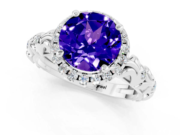 Silver Round Cut Tanzanite Halo Ring with Filigree Band and Prong Setting