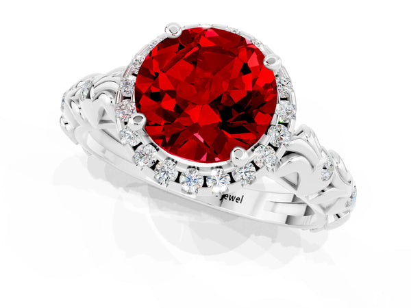 Platinum Round Cut Ruby Halo Ring with Filigree Band and Prong Setting