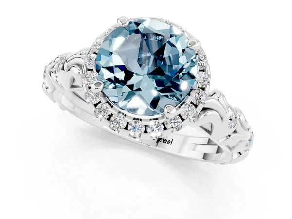 Silver Round Cut Aquamarine Halo Ring with Filigree Band and Prong Setting