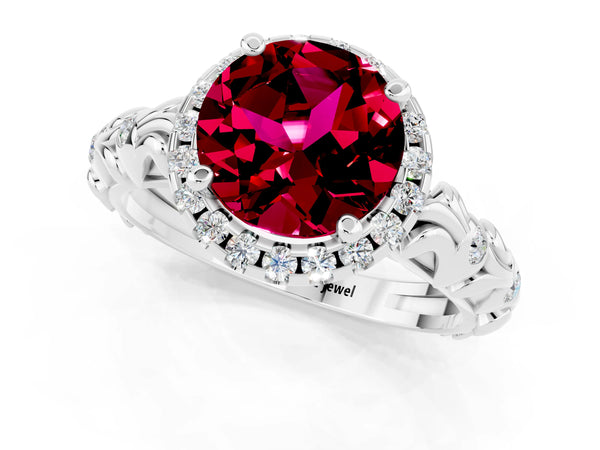 Platinum Round Cut Garnet Halo Ring with Filigree Band and Prong Setting