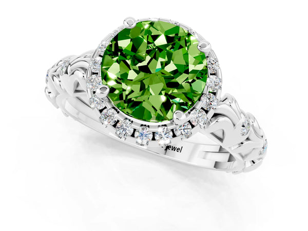 Silver Round Cut Peridot Halo Ring with Filigree Band and Prong Setting
