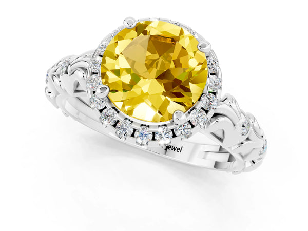 Platinum Round Cut Yellow Sapphire Halo Ring with Filigree Band and Prong Setting
