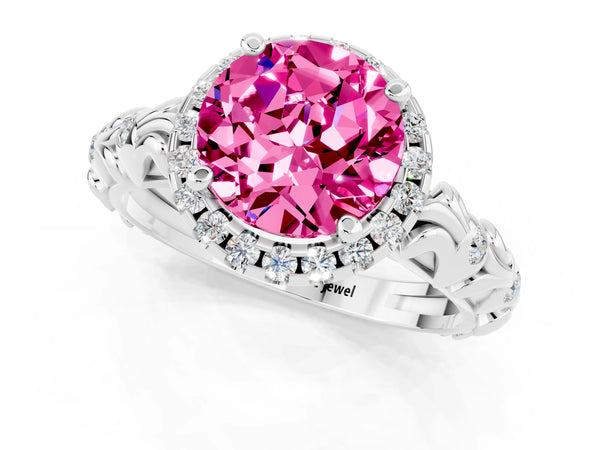 Platinum Round Cut Pink Sapphire Halo Ring with Filigree Band and Prong Setting