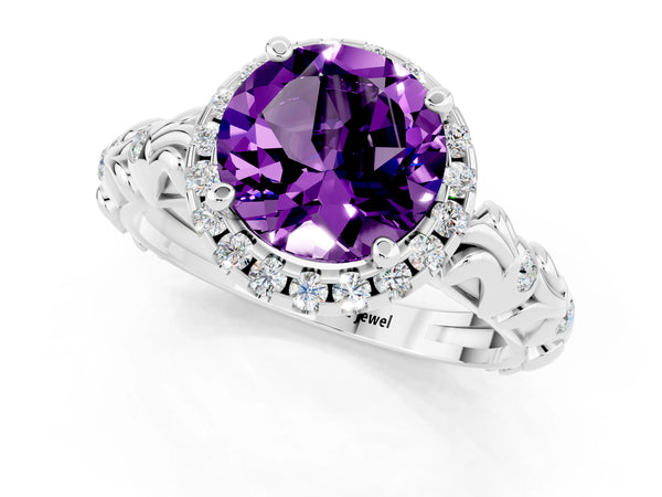 Platinum Round Cut Amethyst Halo Ring with Filigree Band and Prong Setting