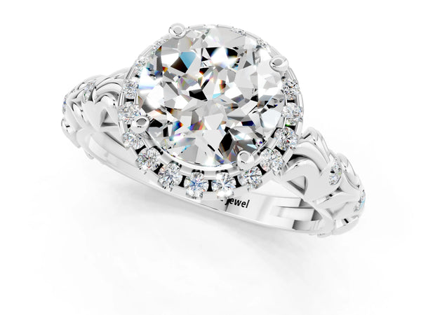 White gold Round Cut Moissanite Halo Ring with Filigree Band and Prong Setting