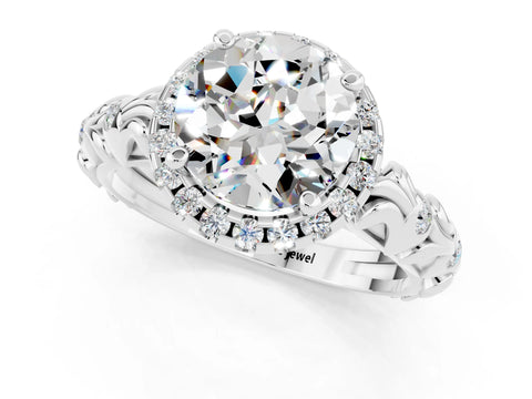 White gold Round Cut Halo Diamond Solitaire with Filigree Band and Four-Prong Setting_1