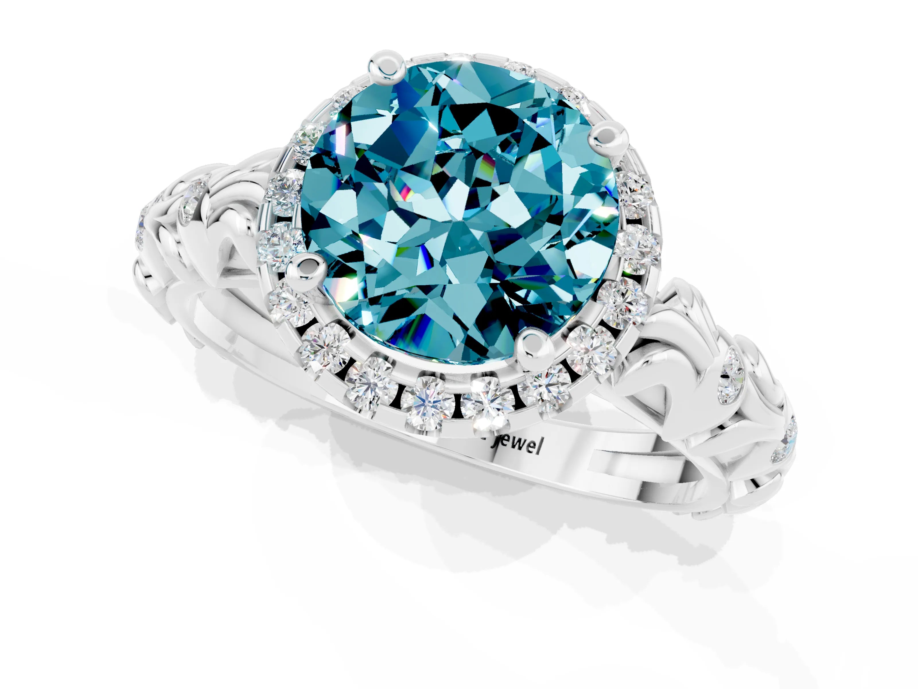 White gold Round Cut Halo Diamond Solitaire with Filigree Band and Four-Prong Setting_1
