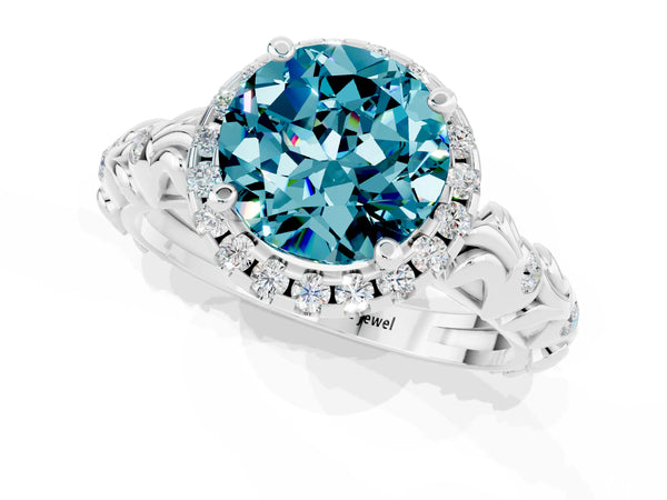 Platinum Round Cut Halo Diamond Solitaire with Filigree Band and Four-Prong Setting