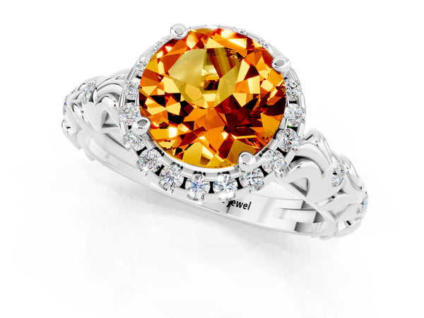 Platinum Round Cut Citrine Halo Ring with Filigree Band and Prong Setting