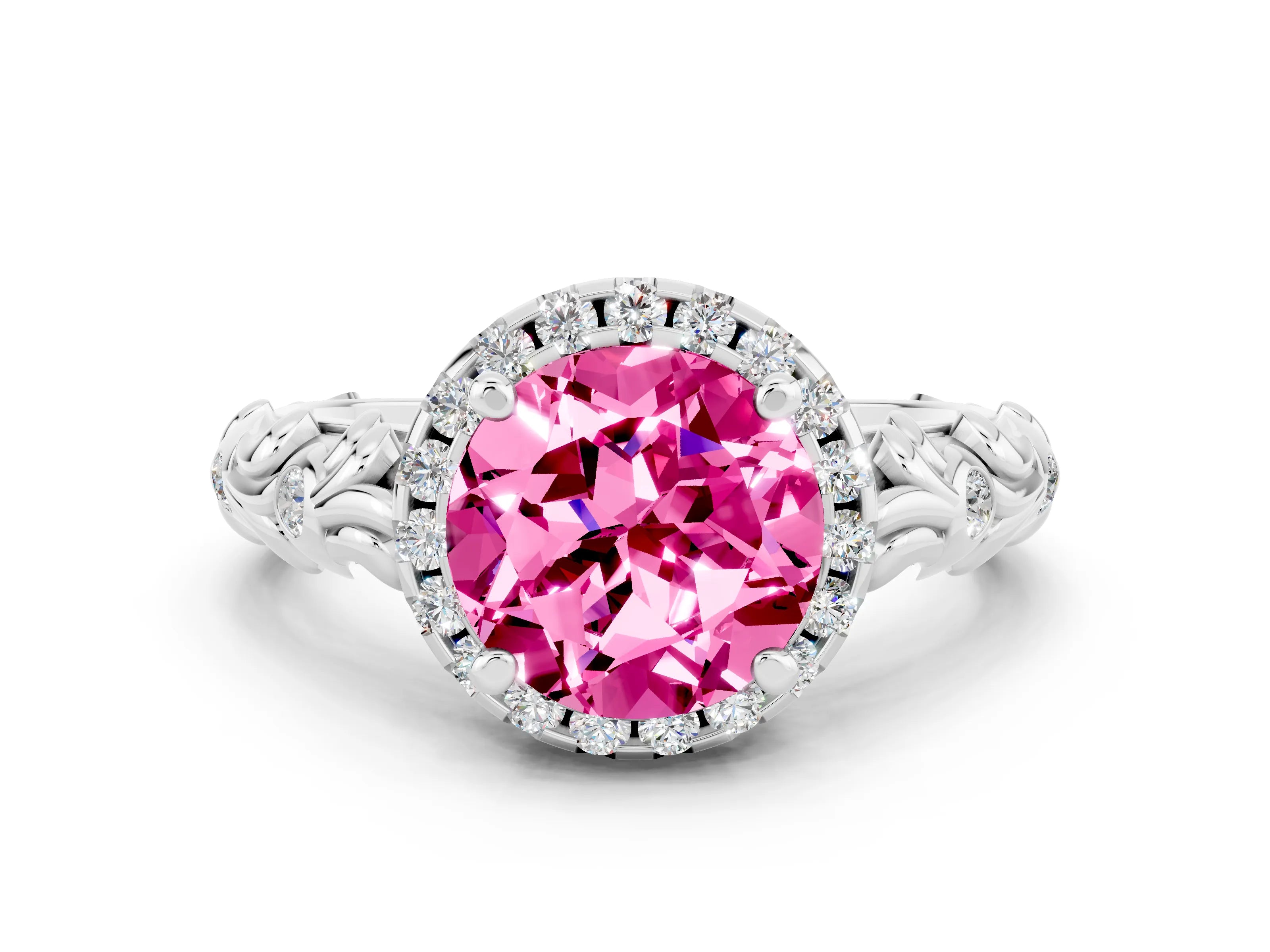 White gold Round Cut Halo Diamond Solitaire with Filigree Band and Four-Prong Setting