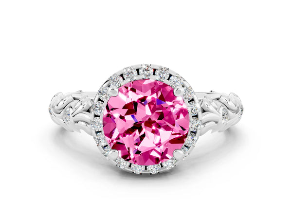 Platinum Round Cut Pink Sapphire Halo Ring with Filigree Band and Prong Setting