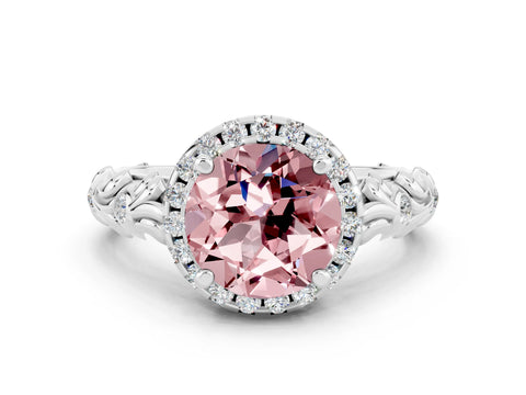 White gold Round Cut Halo Diamond Solitaire with Filigree Band and Four-Prong Setting