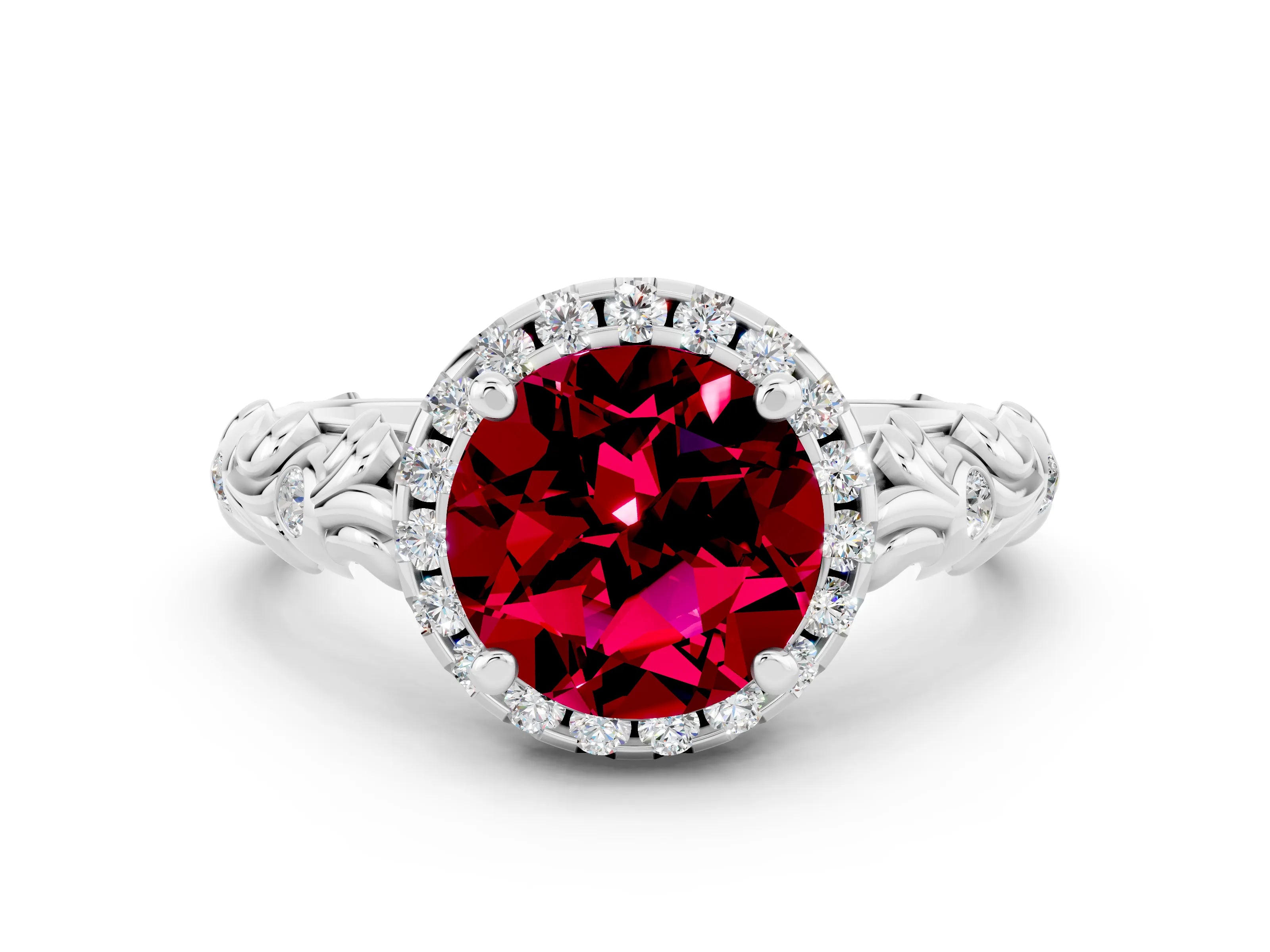 White gold Round Cut Halo Diamond Solitaire with Filigree Band and Four-Prong Setting