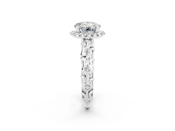 Platinum Round Cut Moissanite Halo Ring with Filigree Band and Prong Setting