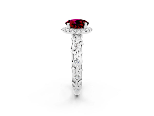 Platinum Round Cut Garnet Halo Ring with Filigree Band and Prong Setting