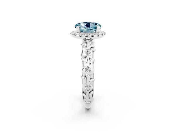 Silver Round Cut Aquamarine Halo Ring with Filigree Band and Prong Setting