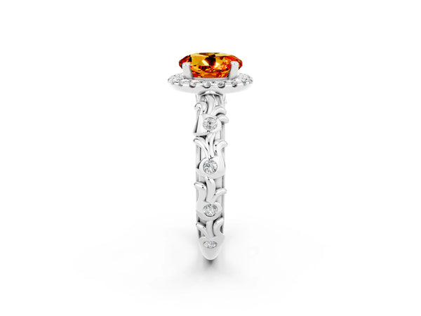 Platinum Round Cut Citrine Halo Ring with Filigree Band and Prong Setting
