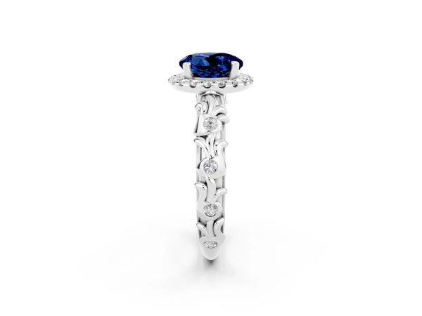 Silver Round Cut Blue Sapphire Halo Ring with Filigree Band and Prong Setting