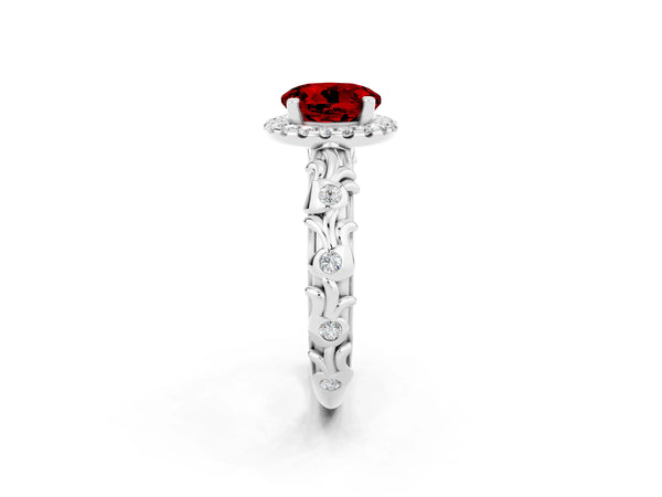 Platinum Round Cut Ruby Halo Ring with Filigree Band and Prong Setting