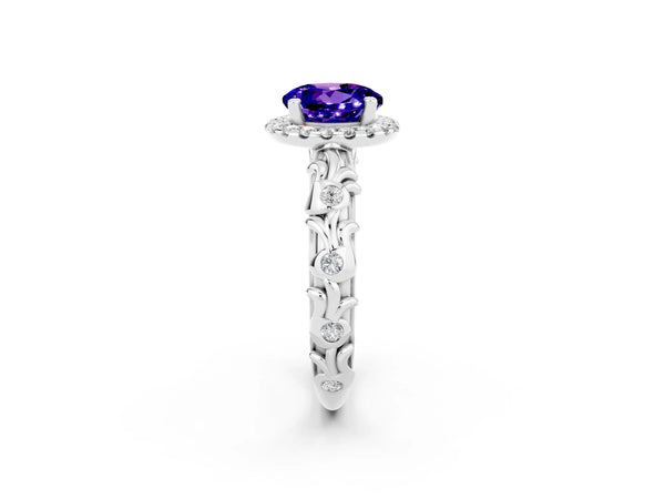 Platinum Round Cut Tanzanite Halo Ring with Filigree Band and Prong Setting