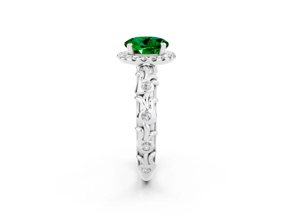 White gold Round Cut Emerald Halo Ring with Filigree Band and Prong Setting