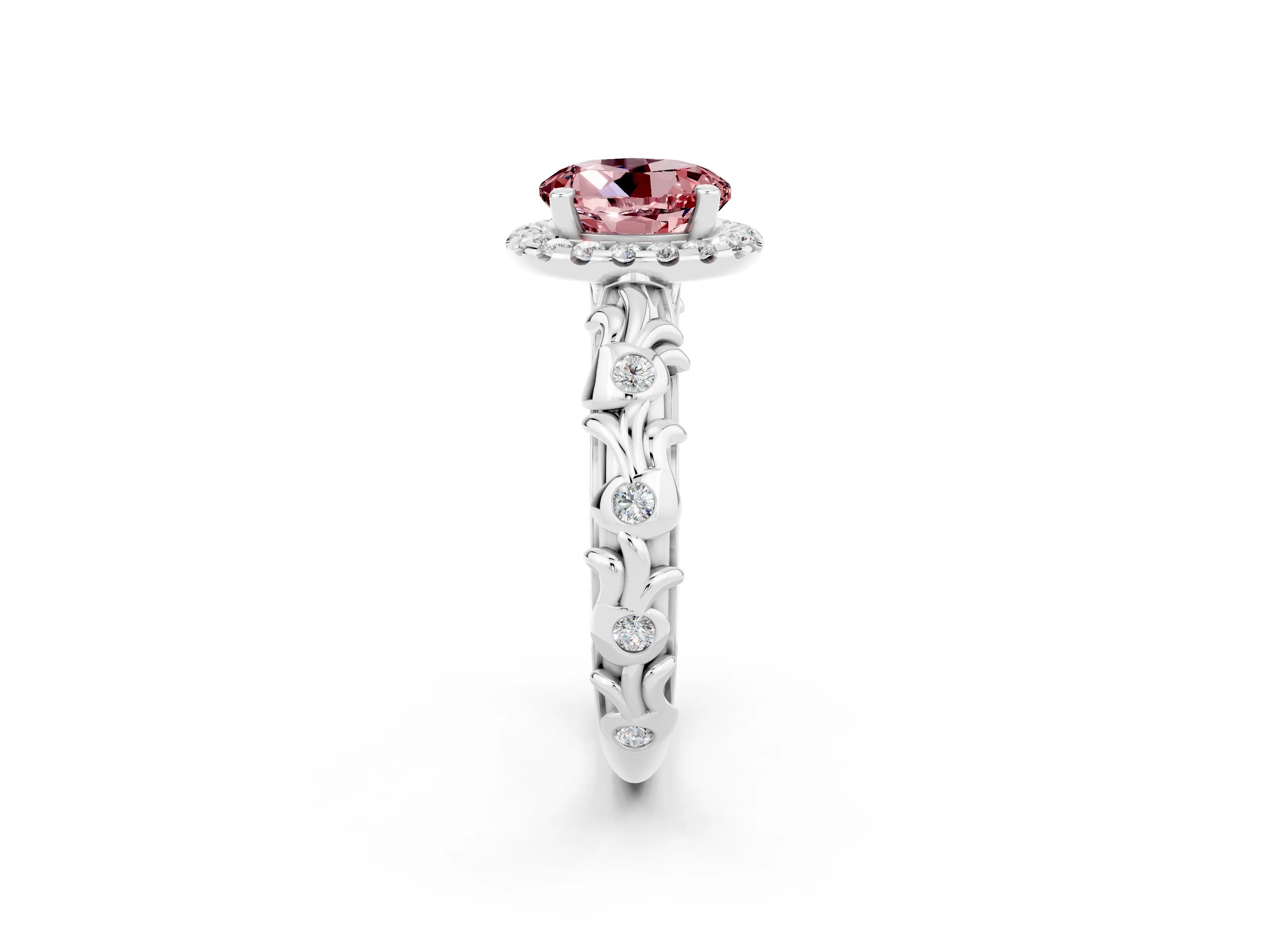 White gold Round Cut Halo Diamond Solitaire with Filigree Band and Four-Prong Setting_2