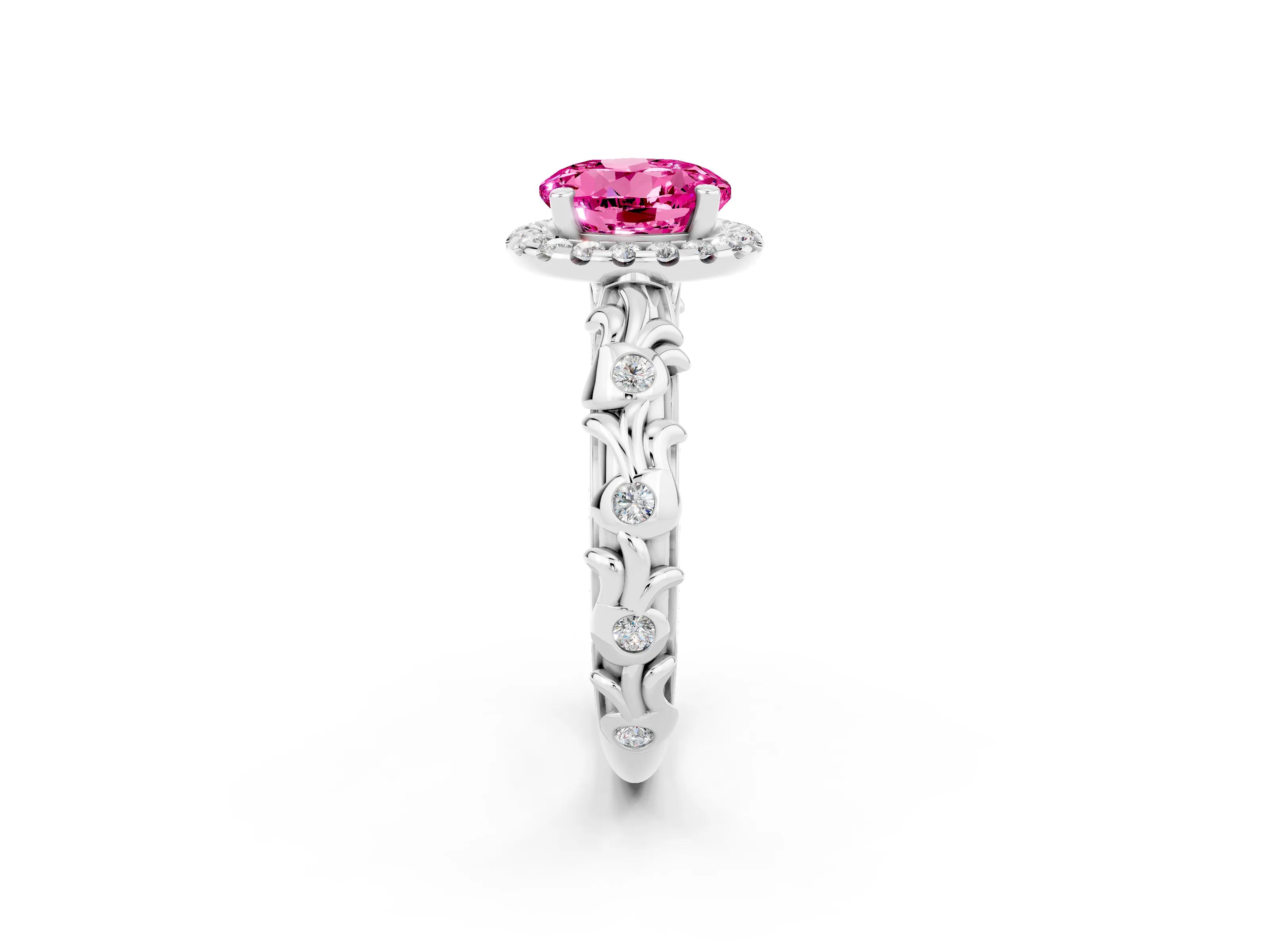 White gold Round Cut Halo Diamond Solitaire with Filigree Band and Four-Prong Setting_2
