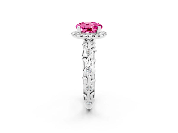 Platinum Round Cut Pink Sapphire Halo Ring with Filigree Band and Prong Setting