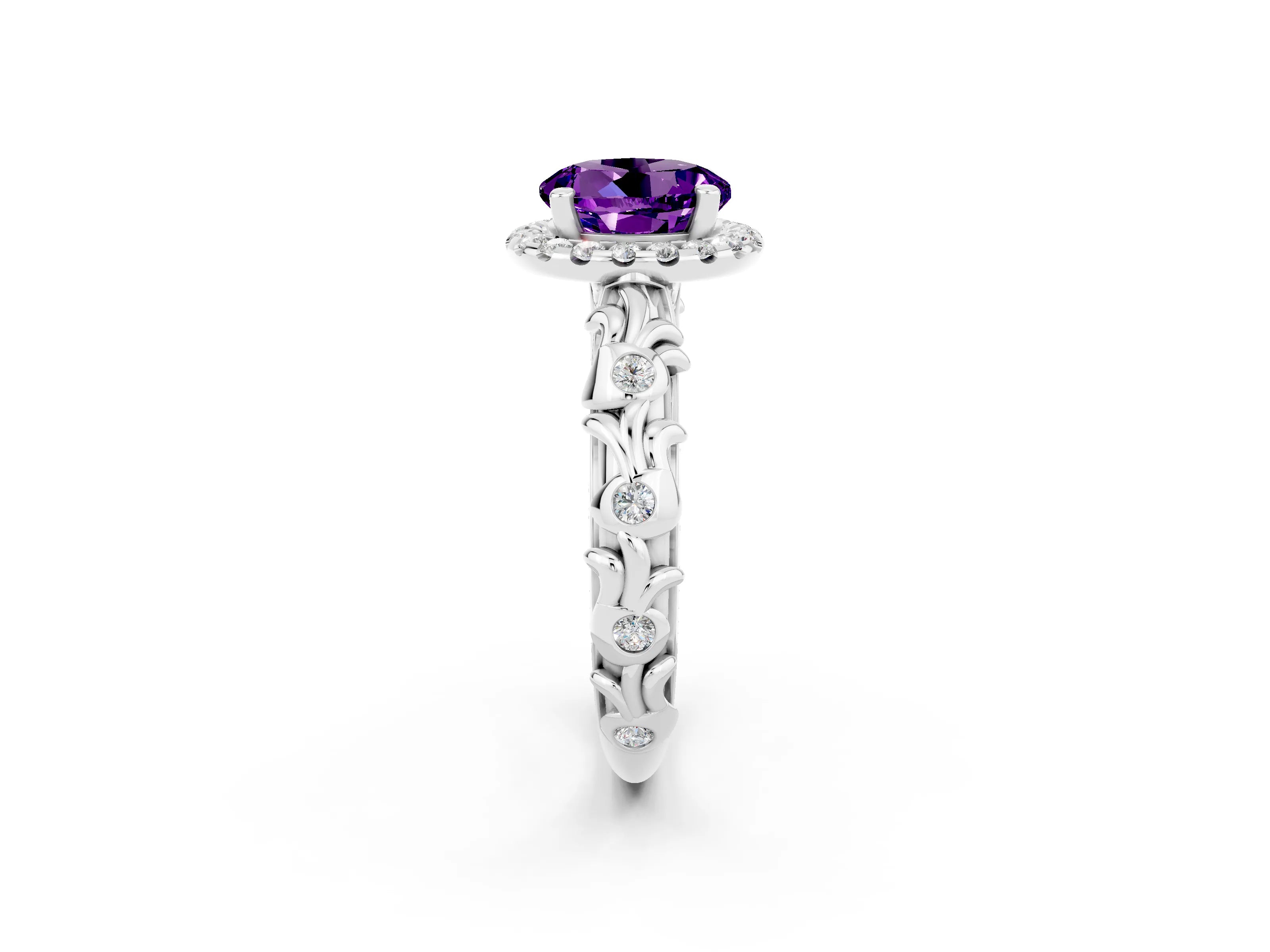White gold Round Cut Halo Diamond Solitaire with Filigree Band and Four-Prong Setting_2
