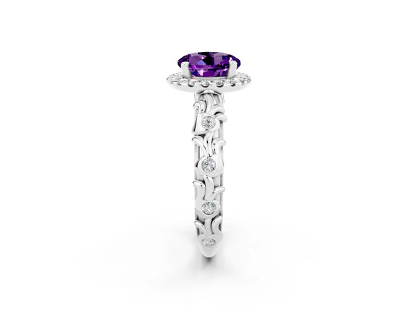 White gold Round Cut Amethyst Halo Ring with Filigree Band and Prong Setting