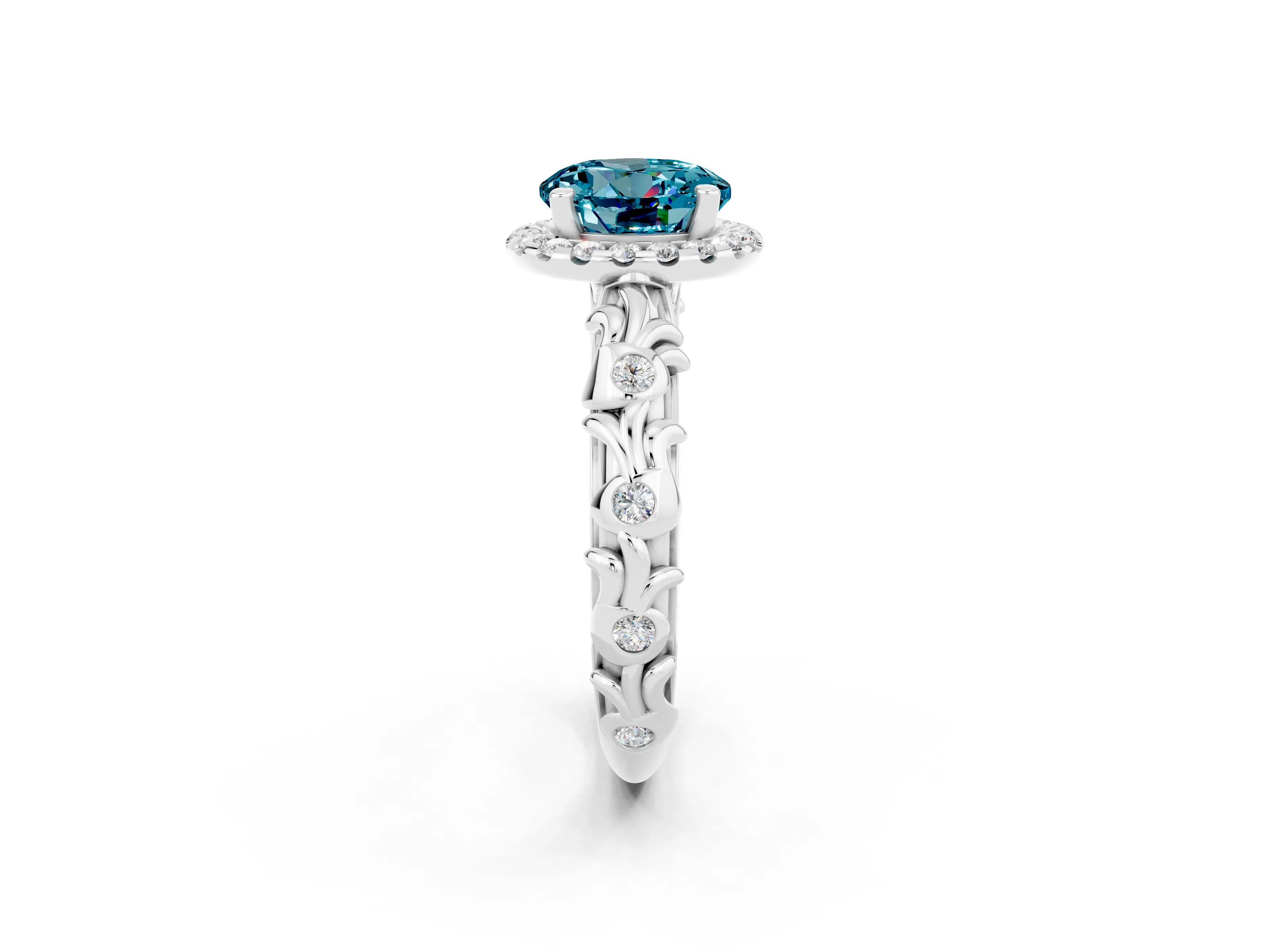 White gold Round Cut Halo Diamond Solitaire with Filigree Band and Four-Prong Setting_2
