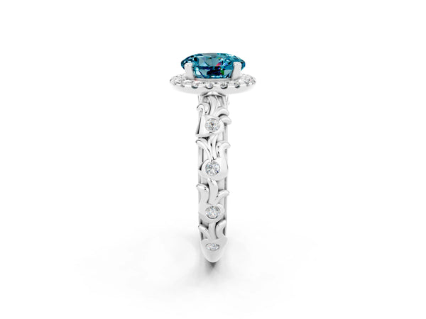Platinum Round Cut Halo Diamond Solitaire with Filigree Band and Four-Prong Setting