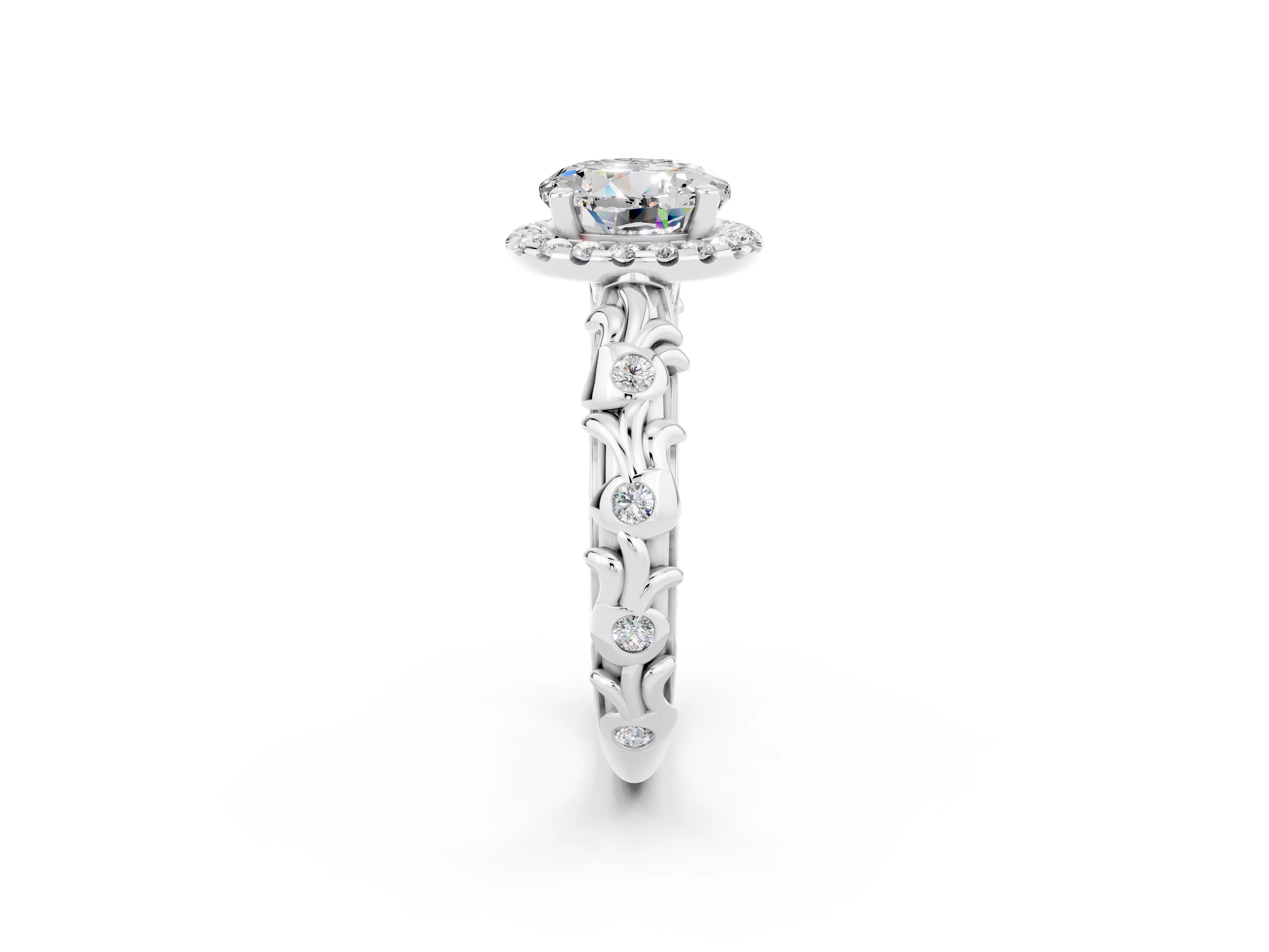 White gold Round Cut Halo Diamond Solitaire with Filigree Band and Four-Prong Setting_2