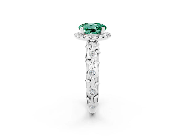 Silver Round Cut Green Sapphire Halo Ring with Filigree Band and Prong Setting