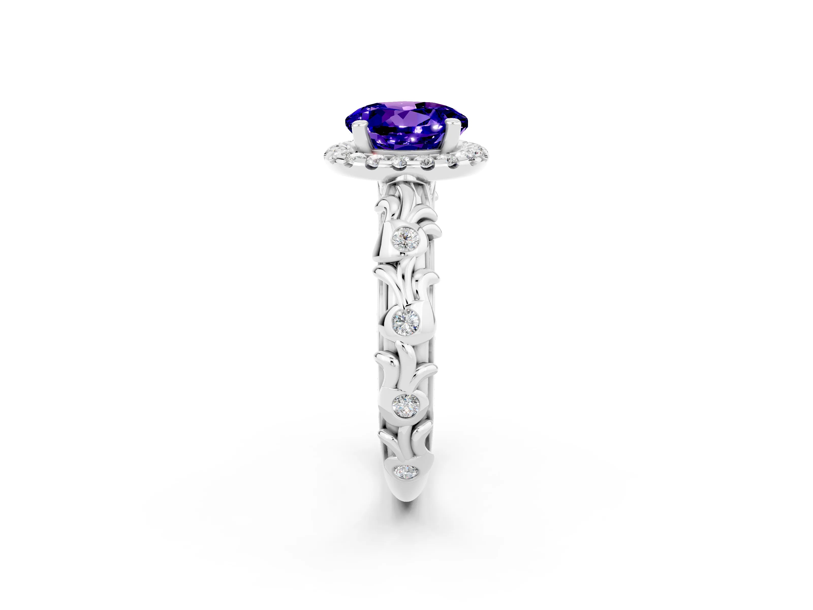 White gold Round Cut Halo Diamond Solitaire with Filigree Band and Four-Prong Setting_2