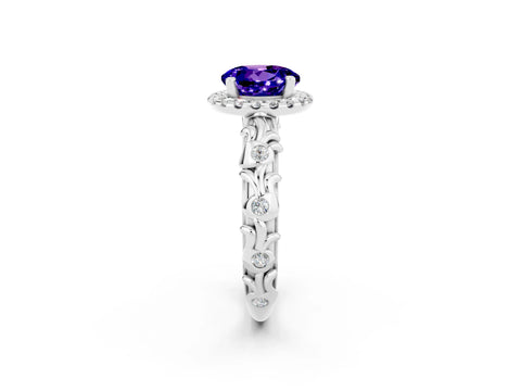 White gold Round Cut Halo Diamond Solitaire with Filigree Band and Four-Prong Setting_2