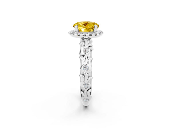 Platinum Round Cut Yellow Sapphire Halo Ring with Filigree Band and Prong Setting