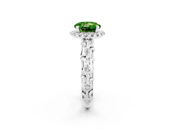 Silver Round Cut Peridot Halo Ring with Filigree Band and Prong Setting