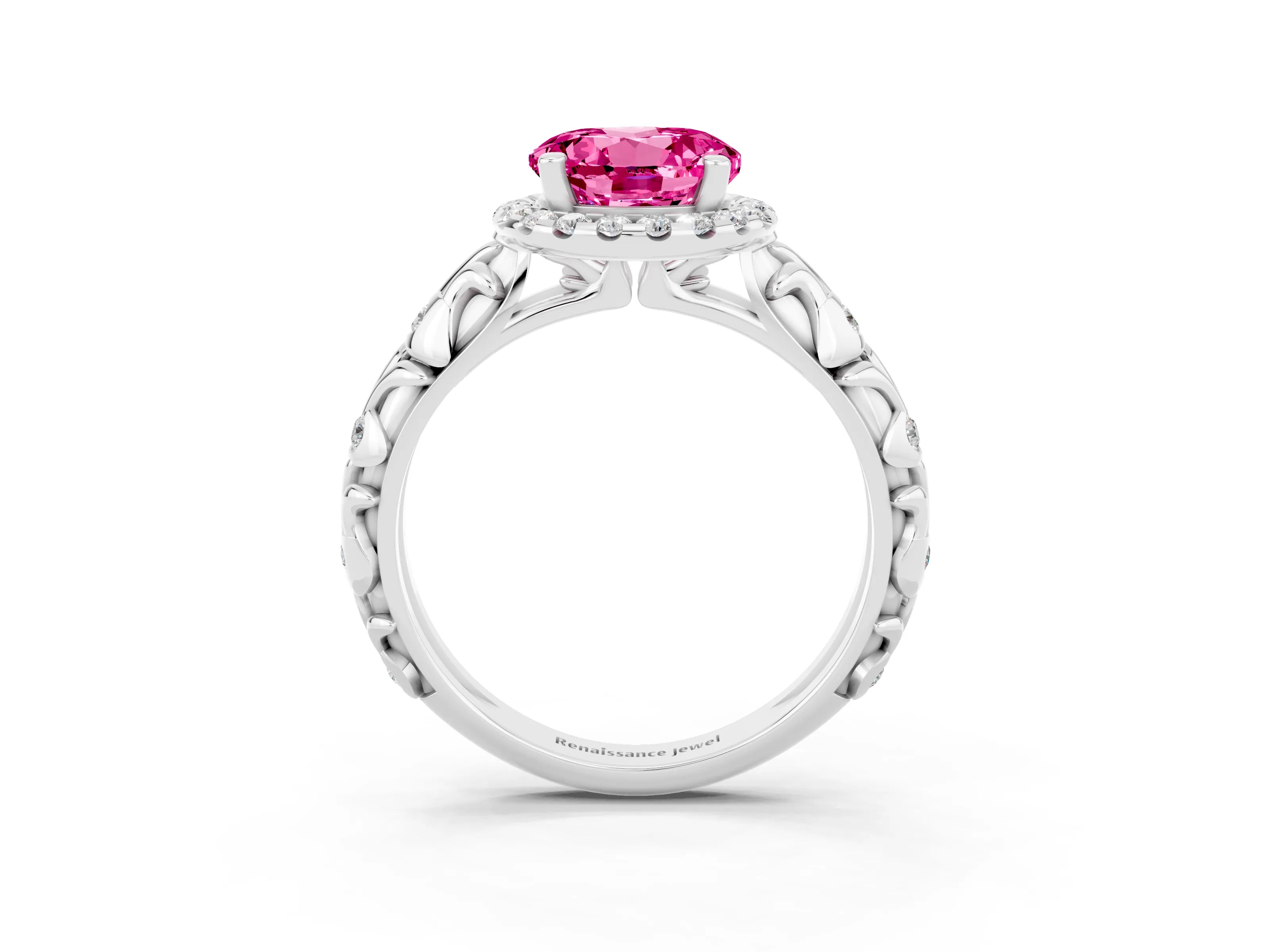 White gold Round Cut Halo Diamond Solitaire with Filigree Band and Four-Prong Setting_3