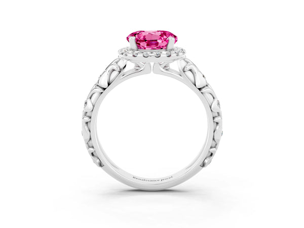 Platinum Round Cut Pink Sapphire Halo Ring with Filigree Band and Prong Setting