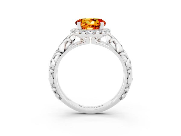 Platinum Round Cut Citrine Halo Ring with Filigree Band and Prong Setting