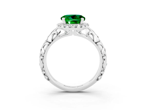 Silver Round Cut Emerald Halo Ring with Filigree Band and Prong Setting