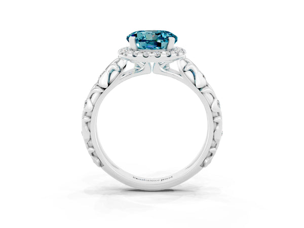 Silver Round Cut Halo Diamond Solitaire with Filigree Band and Four-Prong Setting