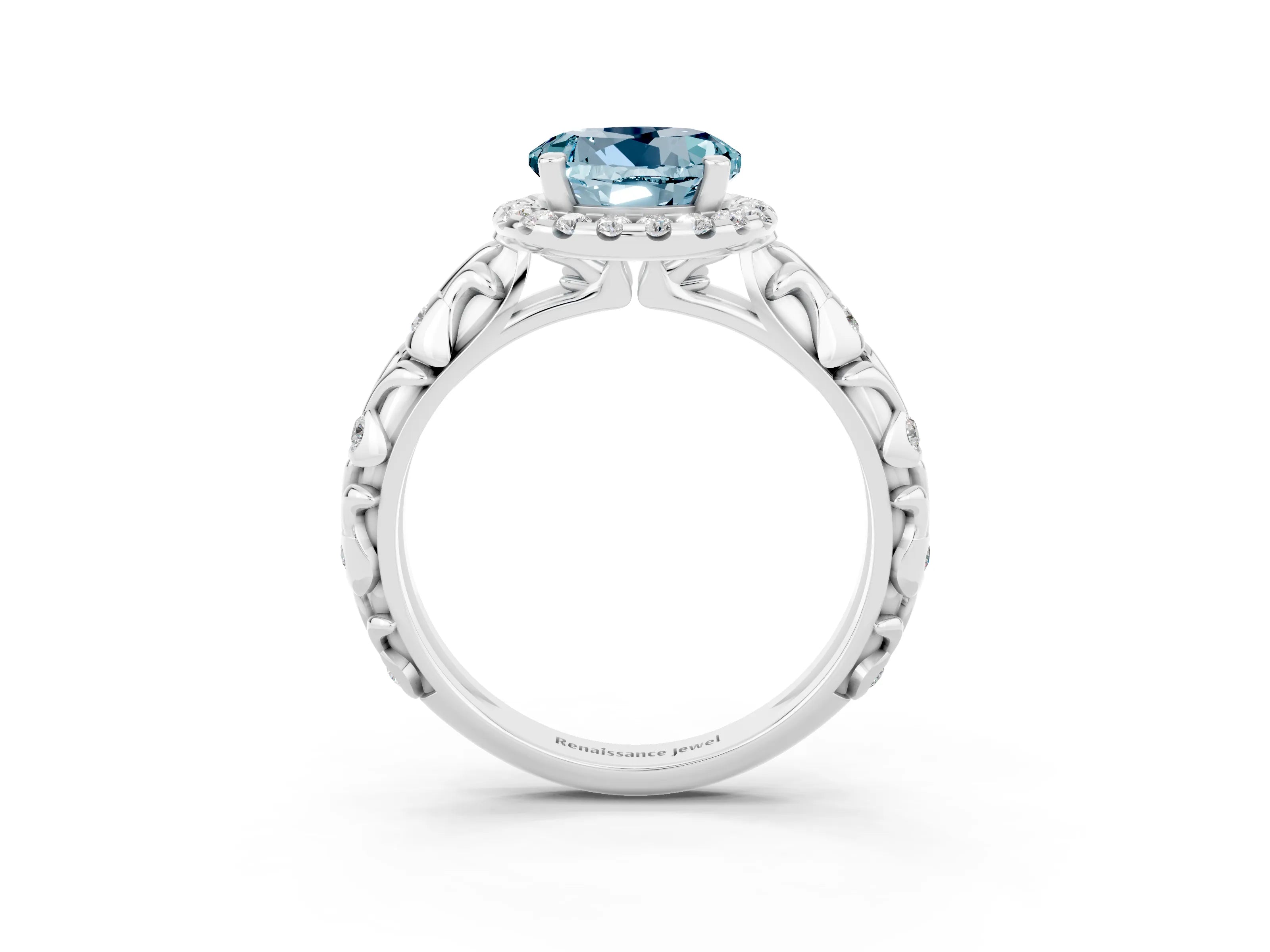 White gold Round Cut Halo Diamond Solitaire with Filigree Band and Four-Prong Setting_3